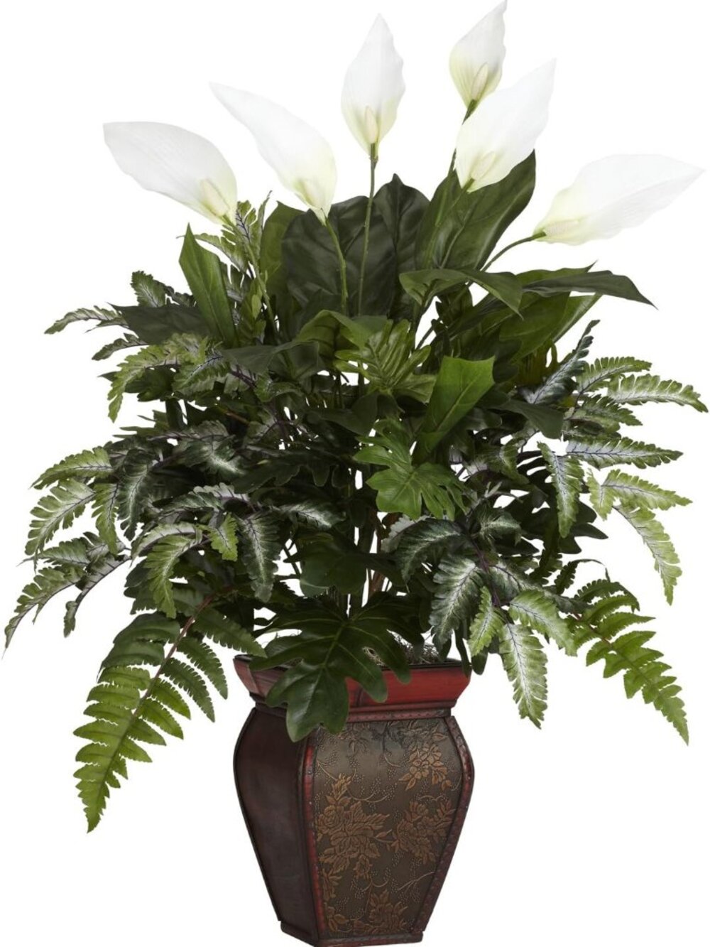Nearly Natural Mixed Greens w/Spathiphyllum and Vase Decorative Silk Plant--NIB